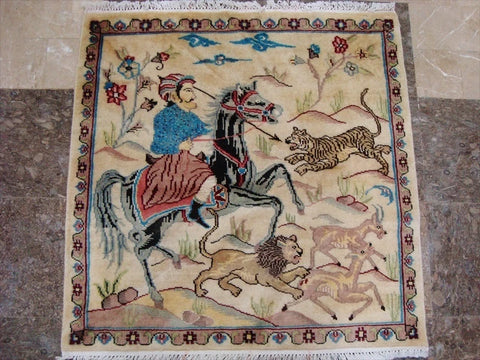 Hunting King Lion Deer Tiger Horse Hand Knotted Wool Silk Square Rug Indoor Carpet (3 x 3)'