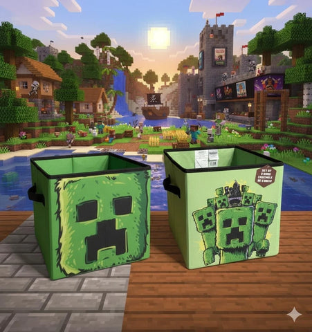 Minecraft Storage Bin 2-Pack Creeper Collapsible Fabric Baskets for Kids Room