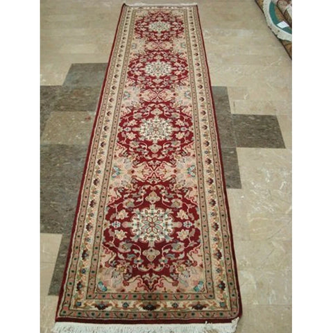 AHMEDANI Red Floral Love Mahal Classic Designed Hand Knotted Runner Rug (10.2 X 2.6)'