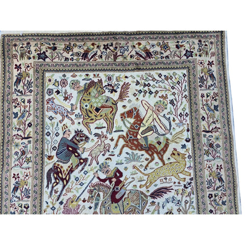 Al Ahmedani Linen 6 Horses Shikar Gah Lion King Deer Hunting Double Knot Rectangle Hand Knotted Area Rug Wool Silk Home Decor Indoor Carpet (6.2 x 4.1)'