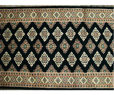 AHMEDANI Exclusive Black Jaldar Mahal Ivory Touch Hand Knotted Hall Way Runner Rug (8.0 X 2.6)'