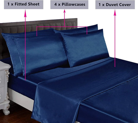 Ahmedani Linens Sexy Satin Sheet 6 Pcs Queen Bedding Set 1 Duvet Cover + 1 Fitted Sheet + 4 Pillow Cases Navy Queen