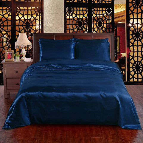 Ahmedani Linens Sexy Satin Sheet 6 Pcs Queen Bedding Set 1 Duvet Cover + 1 Fitted Sheet + 4 Pillow Cases Navy Queen