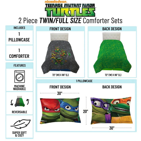 Teenage Mutant Ninja Turtles 2 Pcs Twin/Full Bedding Set for Kids - Reversible Comforter and Pillowcase