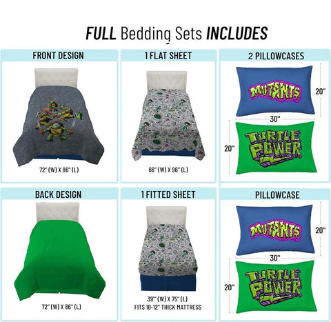Teenage Mutant Ninja Turtles 5 Pcs Full Bed in a Bag for Kids - Comforter, Bed Sheets, and 2 Pillowcases