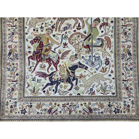Al Ahmedani Linen 6 Horses Shikar Gah Lion King Deer Hunting Double Knot Rectangle Hand Knotted Area Rug Wool Silk Home Decor Indoor Carpet (6.2 x 4.1)'