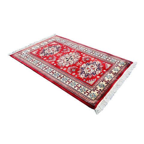 Al Ahmedani Linen Red Kafkazi Geometric Rectangle Hand Knotted Wonderful Design Area Rug Home Decor Wool Silk Indoor Carpet (4.0 x 2.7)'