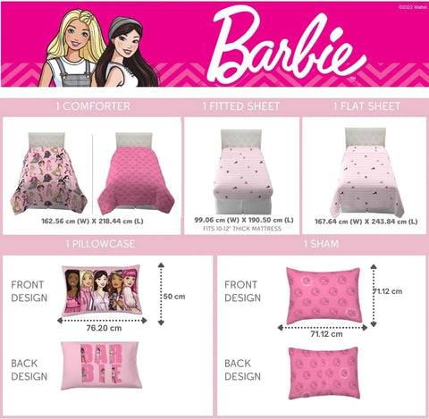 Barbie Girl Kids Queen Size Bedding Set 7 Piece Comforter Sheet Set with Shams