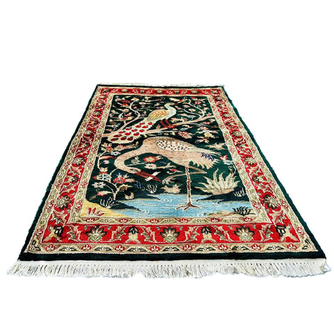 Al Ahmedani Linen Peacock Ostrich Tree of Life Rectangle Hand Knotted Area Rug Home Decor Wool Silk Indoor Carpet (4.1 x 2.8)'