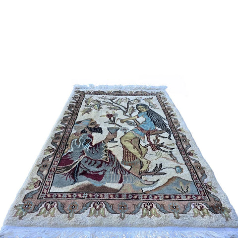 Al Ahmedani Linen Umre Khayam Wall Pictorial Rectangle Area Rug Hand Knotted Wonderful Design Wool Silk Home Decor Indoor Carpet (3.0 x 2.1)'