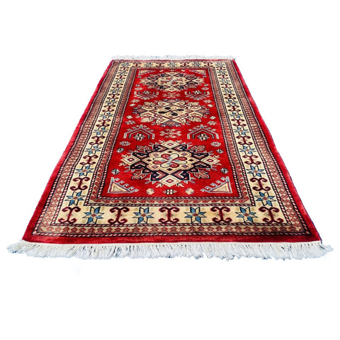 Al Ahmedani Linen Red Kafkazi Geometric Rectangle Hand Knotted Wonderful Design Area Rug Home Decor Wool Silk Indoor Carpet (4.0 x 2.7)'