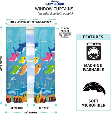 Baby Shark Kids Room Window Drapes Curtains for Kids, Set of 2 (42" x 63" Each)
