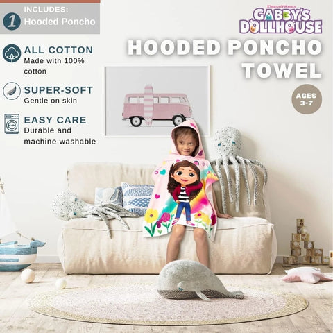 DreamWorks Gabby’s Dollhouse Kids Hooded Towel Poncho 24x22" Cotton Beach Pool
