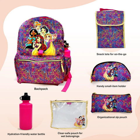 Disney Princess Backpack 16 inch Kids Backpack with Lunch Box- 6 Piece Set for Kids