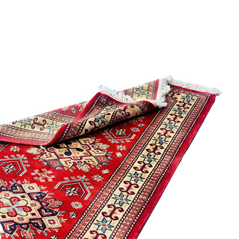 Al Ahmedani Linen Red Kafkazi Geometric Rectangle Hand Knotted Wonderful Design Area Rug Home Decor Wool Silk Indoor Carpet (4.0 x 2.7)'