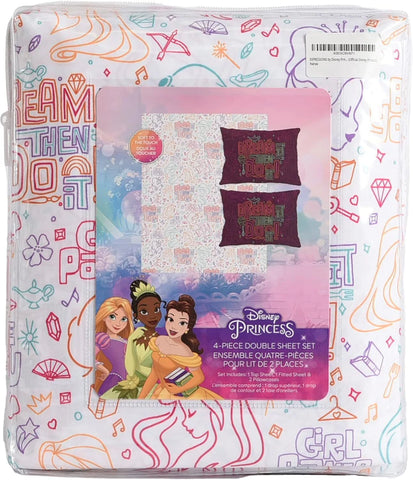 Disney Princess 4 Piece Full Bedding Sheet Set for Kids - Flat Sheet, Fitted Sheet and 2 Pillowcases