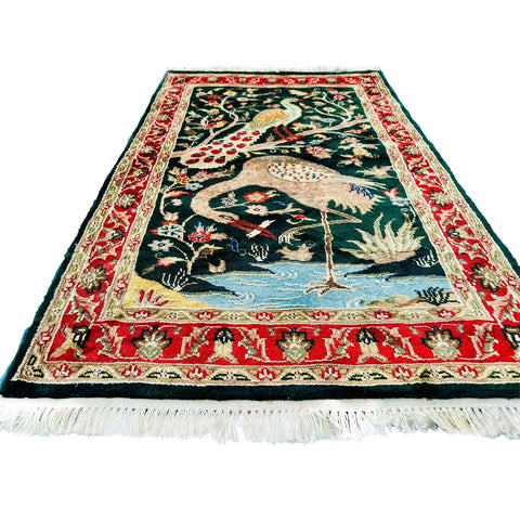 Al Ahmedani Linen Peacock Ostrich Tree of Life Rectangle Hand Knotted Area Rug Home Decor Wool Silk Indoor Carpet (4.1 x 2.8)'