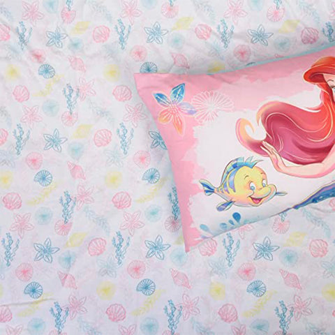 Little Mermaid 3 Piece Toddler Bedding Set Is A Dream Come True, Includes A Cozy Comforter, Fitted Sheet, And Pillowcase For The Perfect Night's Sleep For Kids