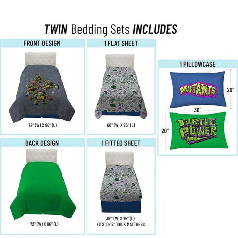TMNT 4 Pcs Kids Twin Bed in a Bag - Comforter, Bed Sheets, and Pillowcase