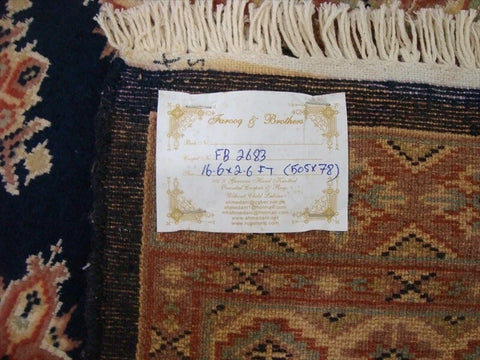 Exclusive Navy Blue Jaldar Hand Knotted Wool Silk Carpet Runner Rug (16.6 x 2.6)'