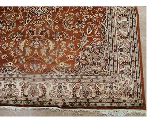 Exclusive Burnt Orange Rust Floral Hand Knotted Area Rug Wool Silk Carpet (9 x 6)'