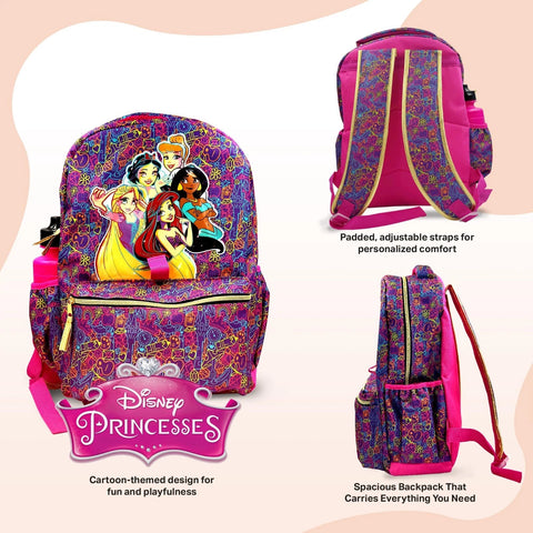 Disney Princess Backpack 16 inch Kids Backpack with Lunch Box- 6 Piece Set for Kids