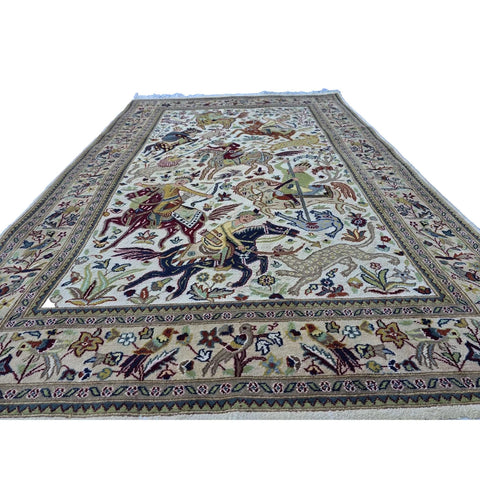 Al Ahmedani Linen 6 Horses Shikar Gah Lion King Deer Hunting Double Knot Rectangle Hand Knotted Area Rug Wool Silk Home Decor Indoor Carpet (6.2 x 4.1)'