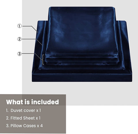 Ahmedani Linens Sexy Satin Sheet 6 Pcs Queen Bedding Set 1 Duvet Cover + 1 Fitted Sheet + 4 Pillow Cases Navy Queen