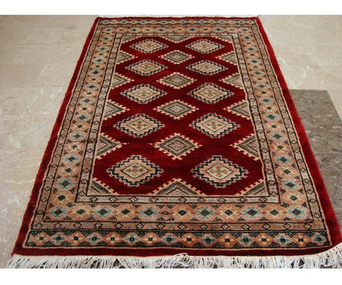 Exclusive Red Abstract Jaldar Flowers Area Rug Hand Knotted Wool Silk Carpet (4 x 2.6)'