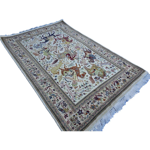 Al Ahmedani Linen 6 Horses Shikar Gah Lion King Deer Hunting Double Knot Rectangle Hand Knotted Area Rug Wool Silk Home Decor Indoor Carpet (6.2 x 4.1)'