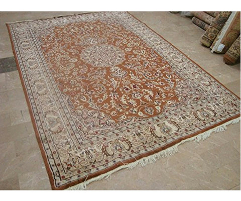 Exclusive Burnt Orange Rust Floral Hand Knotted Area Rug Wool Silk Carpet (9 x 6)'