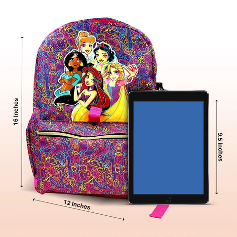 Disney Princess Backpack 16 inch Kids Backpack with Lunch Box- 6 Piece Set for Kids