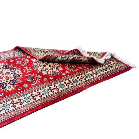 Al Ahmedani Linen Red Kafkazi Geometric Rectangle Hand Knotted Wonderful Design Area Rug Home Decor Wool Silk Indoor Carpet (4.0 x 2.7)'