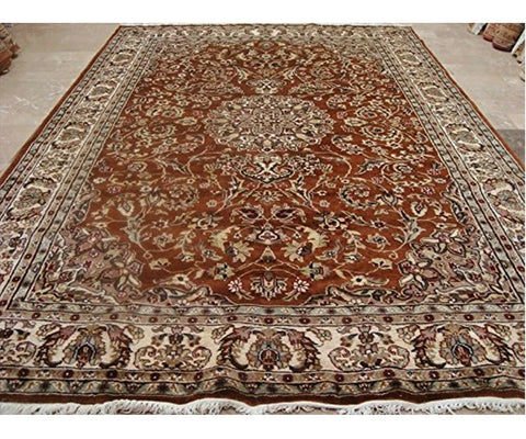 Exclusive Burnt Orange Rust Floral Hand Knotted Area Rug Wool Silk Carpet (9 x 6)'