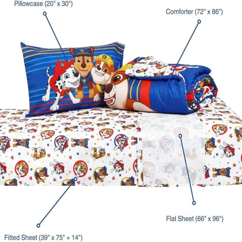 Paw Patrol Kids Bedding Sheet Set with Reversible Comforter Twin Bed in Bag 4 Pcs Set for Kids