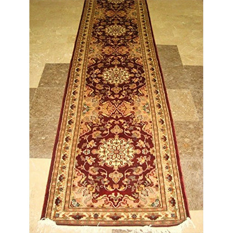 AHMEDANI Red Floral Love Mahal Classic Designed Hand Knotted Runner Rug (10.2 X 2.6)'
