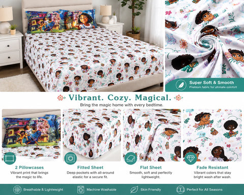 Disney Encanto 4 Piece Full Bedding Sheet Set for Kids - Flat Sheet, Fitted Sheet and 2 Pillowcases