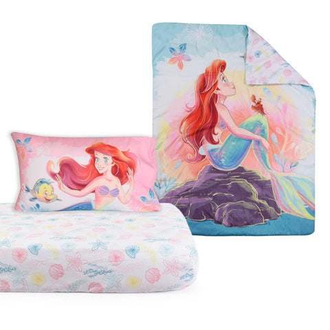 Little Mermaid 3 Piece Toddler Bedding Set Is A Dream Come True, Includes A Cozy Comforter, Fitted Sheet, And Pillowcase For The Perfect Night's Sleep For Kids