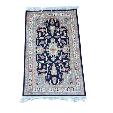 Al Ahmedani Linen Floral Medallion Navy Blue Rectangle Hand Knotted Area Rug Wonderful Design Home Decor Wool Silk Indoor Carpet (3.1 x 2.0)'