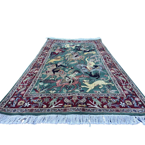 Al Ahmedani Linen Shikar Gah Lion King Deer Hunting Double Knot Rectangle Area Rug Wonderful Design Wool Silk Hand Knotted Home Decor Indoor Carpet (6.3 x 4)'