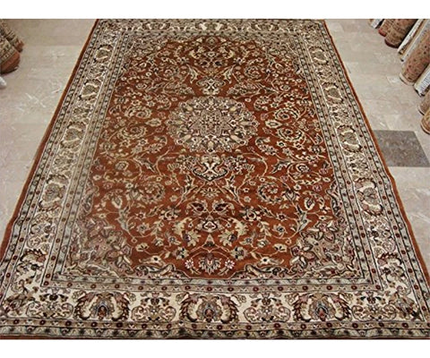 Exclusive Burnt Orange Rust Floral Hand Knotted Area Rug Wool Silk Carpet (9 x 6)'