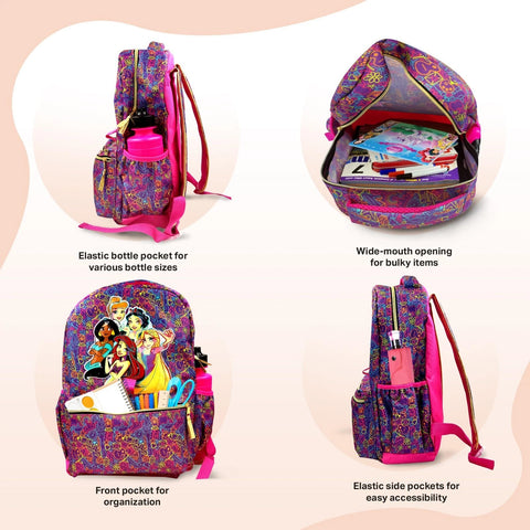 Disney Princess Backpack 16 inch Kids Backpack with Lunch Box- 6 Piece Set for Kids