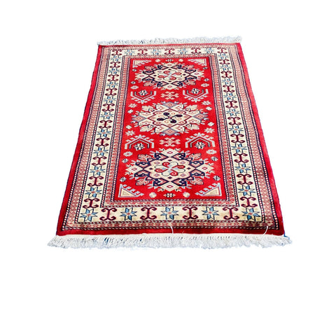 Al Ahmedani Linen Red Kafkazi Geometric Rectangle Hand Knotted Wonderful Design Area Rug Home Decor Wool Silk Indoor Carpet (4.0 x 2.7)'