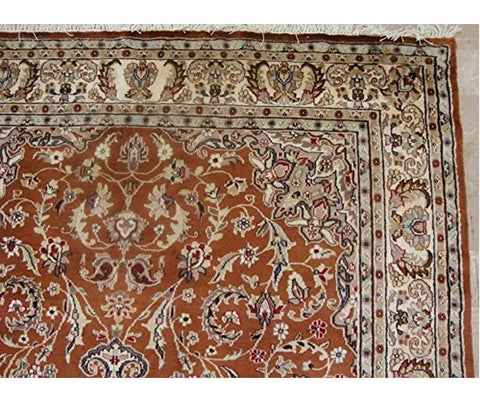 Exclusive Burnt Orange Rust Floral Hand Knotted Area Rug Wool Silk Carpet (9 x 6)'