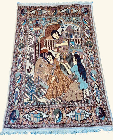 Al Ahmedani Linen Love Umre Khayam King Queen Love Story Hand Knotted Rectangle Area Rug Wonderful Design Home Decor Wool Silk Indoor Carpet (6.0 x 4.1)'