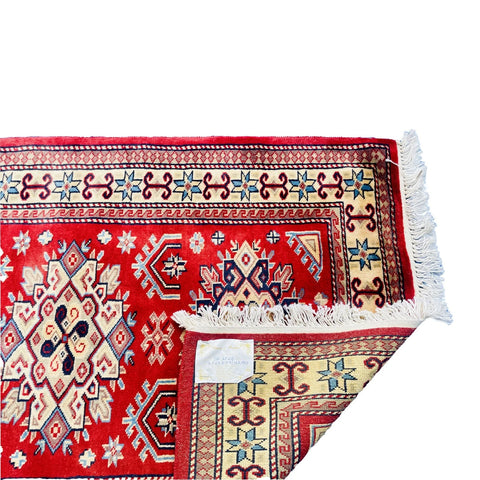 Al Ahmedani Linen Red Kafkazi Geometric Rectangle Hand Knotted Wonderful Design Area Rug Home Decor Wool Silk Indoor Carpet (4.0 x 2.7)'