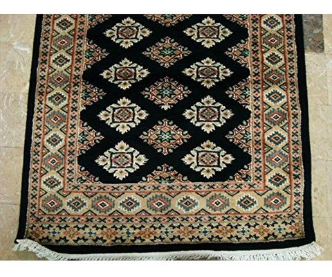 AHMEDANI Exclusive Black Jaldar Mahal Ivory Touch Hand Knotted Hall Way Runner Rug (8.0 X 2.6)'