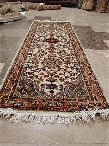 Love Ivory Floral Medallion Hand Knotted Runner Rug Wool Silk Carpet (6 x 2)'