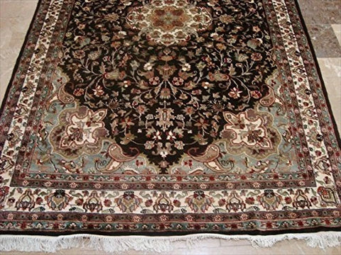 Floral Medallion Chocolate Brown Rectangle Area Rug Wool Silk Hand Knotted Carpet (8.11 x 6.1)'