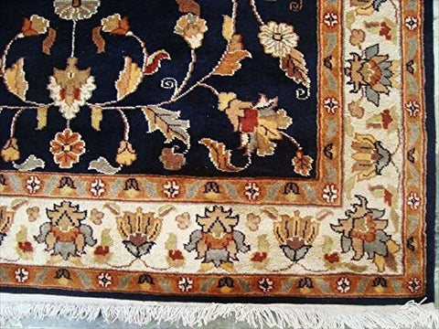 AHMEDANI Mid Night Blue Hot Ivory Touch Medallion Rectangle Area Rug Hand Knotted Wool Silk Carpet (6 X 4)'